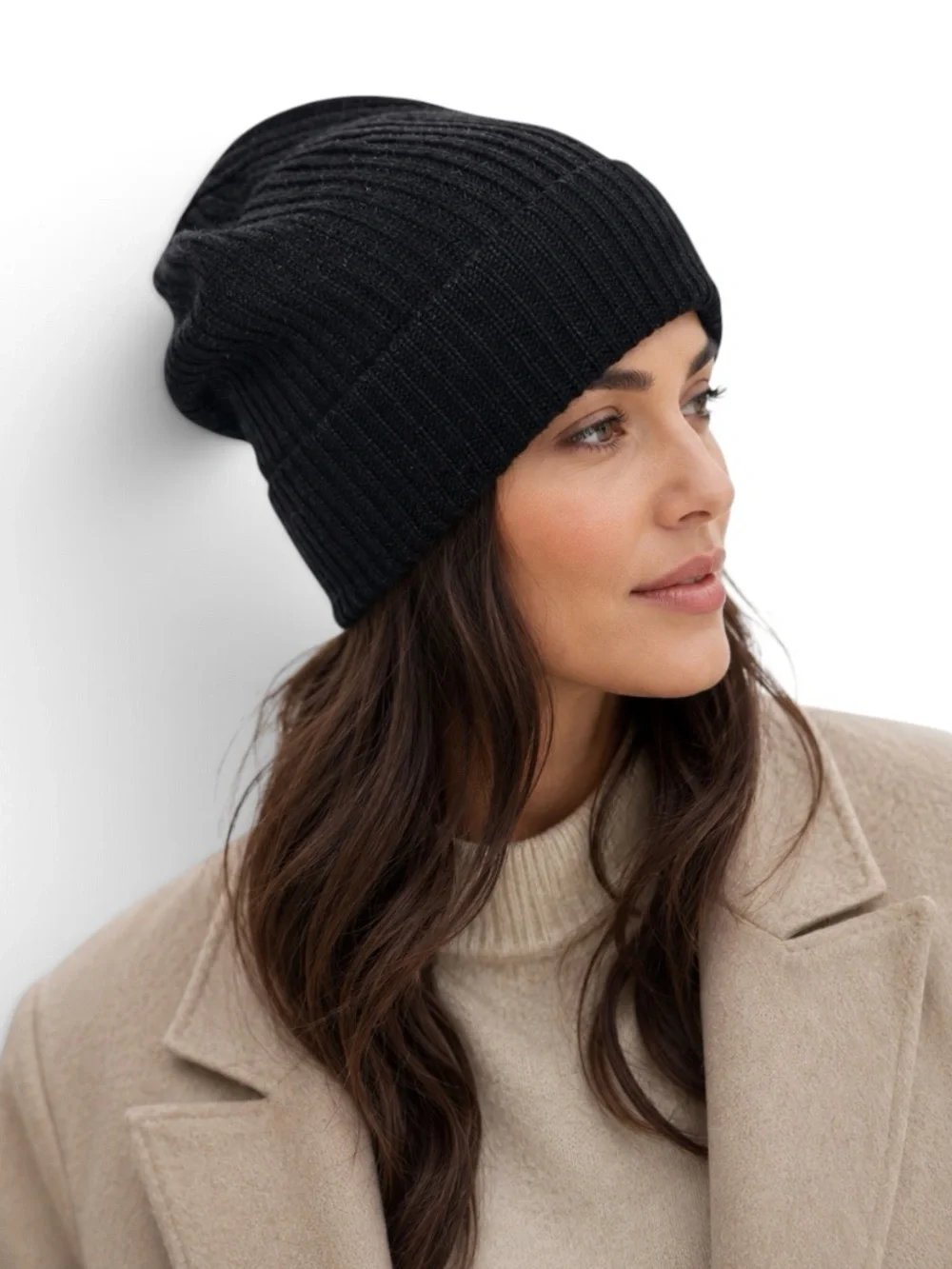 Nordstrom Rack 100% Cashmere Ribbed Slouchy Beanie Hat Black NWT